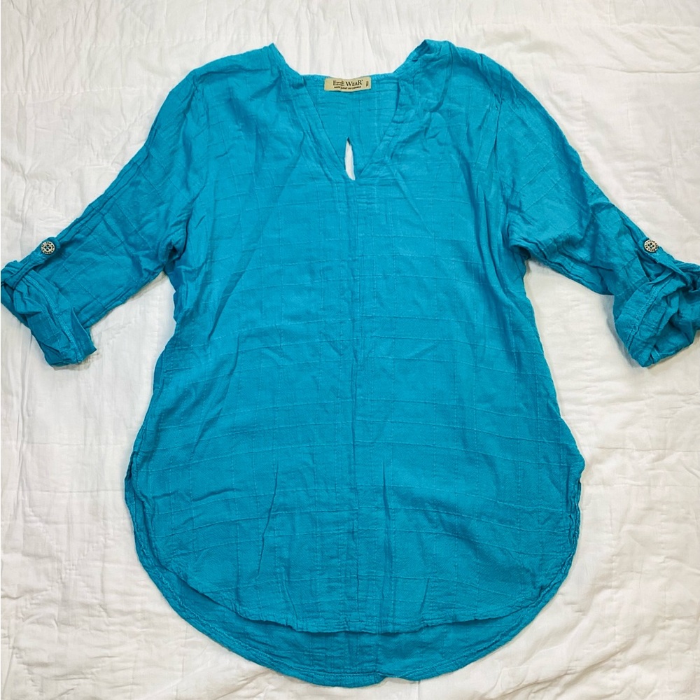 EzzE Wear Canada Roll Tab Teal Lagenlook Woven Blouse Small.